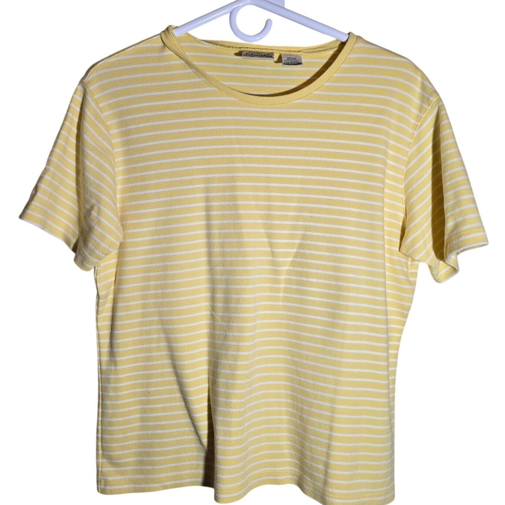 St John's Bay Yellow/White Striped t-shirt Women's Size Medium 100% Cotton